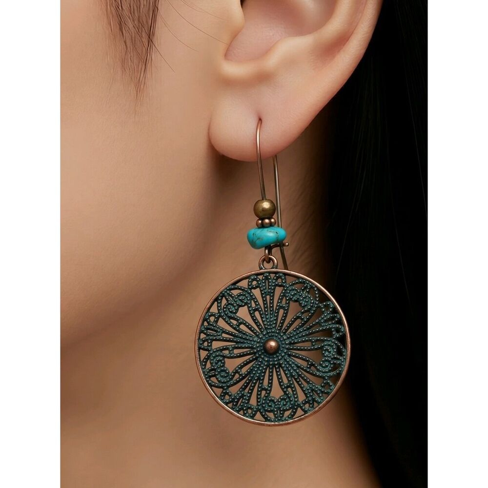 Copper Patina Filigree Earrings Boho Western Dangle Jewelry Earthy Desert Muse